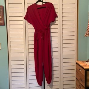 Burgundy jumper romper jogger sheer material